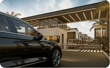 Carro chegando ao condomínio com portaria e controle de acesso — Olli Habita
