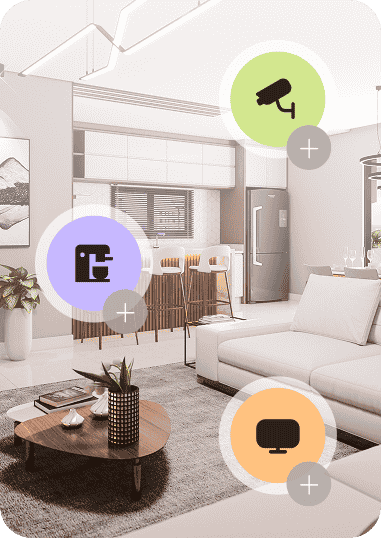 Sala integrada com ícones de automação (câmera, torneira, TV) — casa inteligente Olli