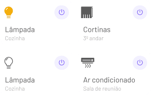 Painel do app Olli com cartões de dispositivos: lâmpada, cortinas e ar-condicionado