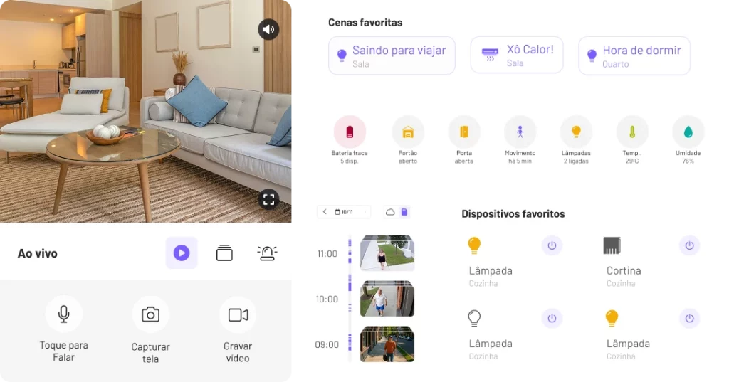 Tela do app Olli com câmera ao vivo, alertas e dispositivos favoritos