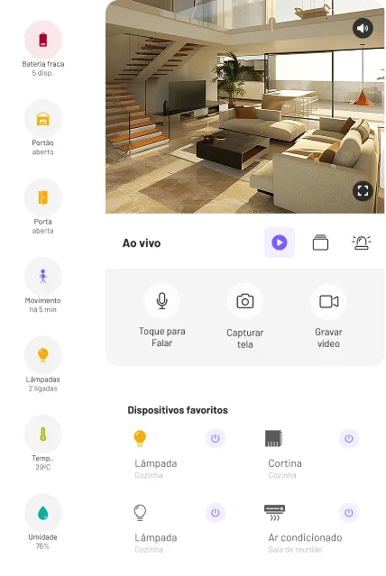 Interface do app Olli com câmeras ao vivo, cenas e dispositivos favoritos