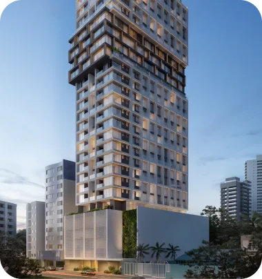 Edifício Hit ao entardecer, torre residencial com automação condominial Olli Habita