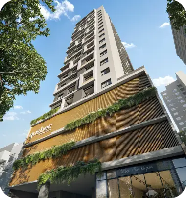 Fachada do empreendimento Quebec com área comercial no térreo — integração Olli Habita